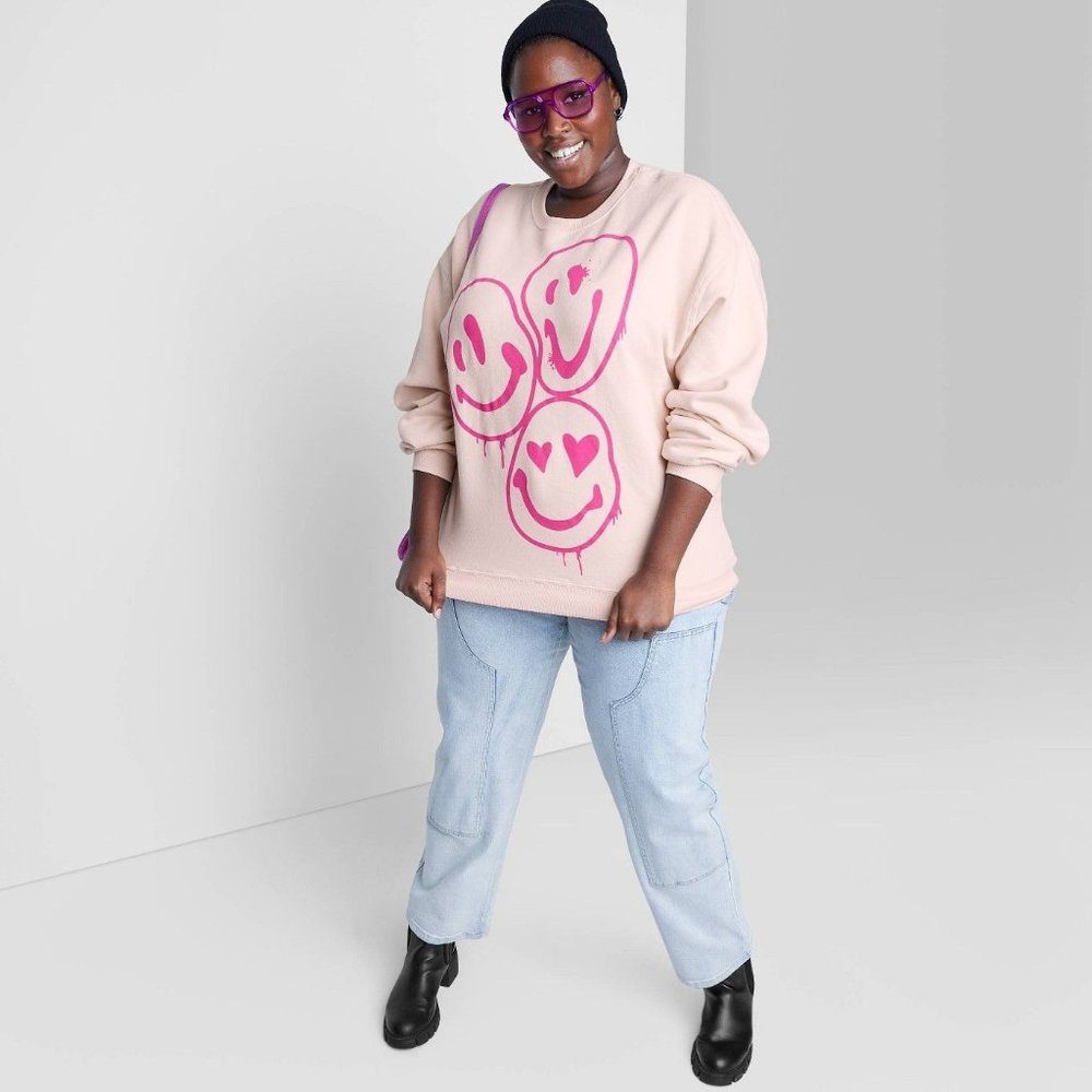 Women's Plus Size Oversized Dad Sweatshirt Wild Fable Blush Pink Smiley Face 1X